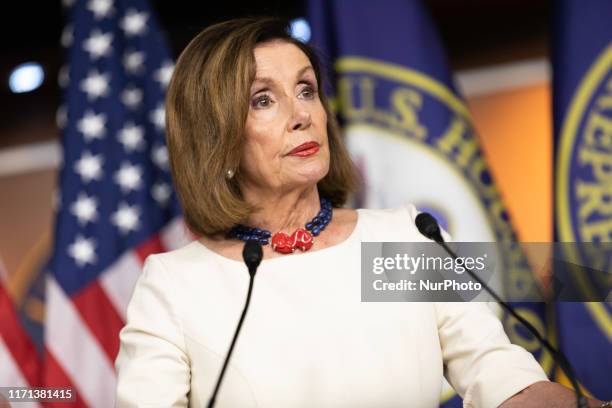 The U.S. Speaker of the House Nancy Pelosi speaks over impeachment inquiry two days after the formal request during her weekly press conference on...