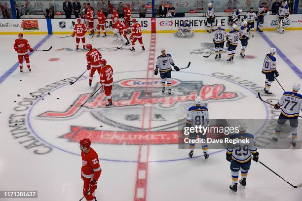 Players from the Detroit Red Wings and the St. Louis Blues warm up prior to a pre-season Kraft Hockeyville game at the Calumet Colosseum on September...