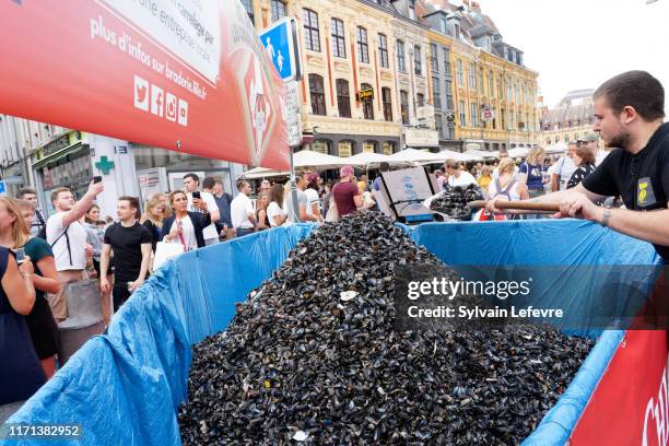 Traditional pile of mussels at La Braderie flea market on August 31, 2019 in Lille, France. The market, reportedly began in the 12th century, takes...