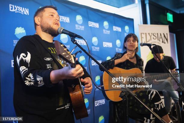Ragnar Porhallsson, Nanna Bryndis Hilmarsdottir and Arnar Rosenkranz Hilmarsson of the band Of Monsters and Men performs on stage during an...