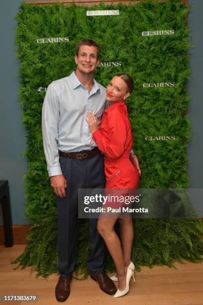 Rob Gronkowski and Camille Kostek attend the Clarins And Camille Kostek Host Plant Gold Dinner at Four Seasons Hotel Boston on September 25, 2019 in...