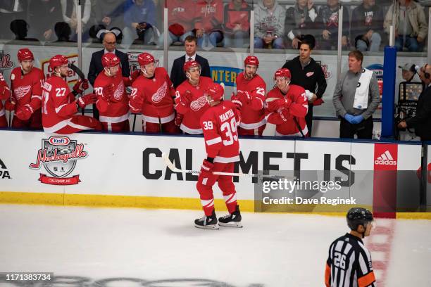 Anthony Mantha of the Detroit Red Wings celebrates a first period goal with teammates on the bench against the St. Louis Blues during a pre-season...