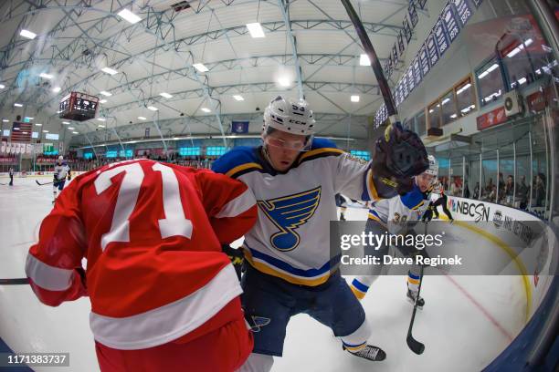 Austin Poganski of the St. Louis Blues battles along the boards in the first period with Dylan Larkin of the Detroit Red Wings during a pre-season...