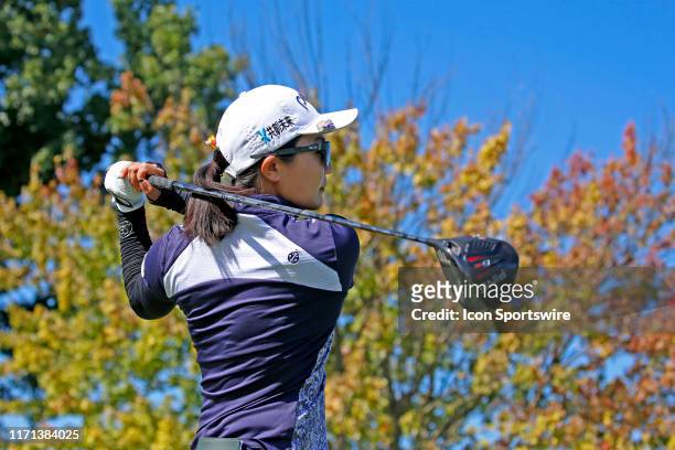 Golfer Ayako Uehara hits her tee shot on the 9th hole during the first round of the Indy Women In Tech on September 26 at the Brickyard Crossing Golf...