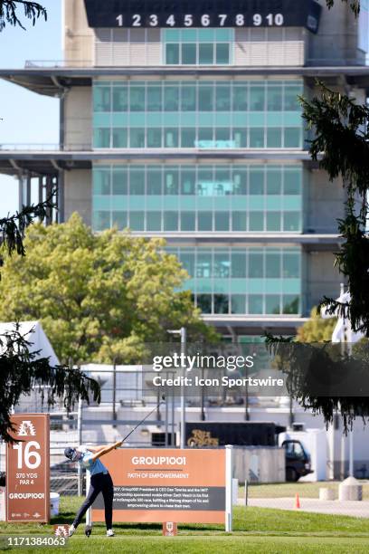 Golfer Sung Hyun Park hits her tee shot on the 16th hole during the first round of the Indy Women In Tech on September 26 at the Brickyard Crossing...