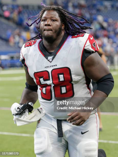 Jamon Brown of the Atlanta Falcons is seen after the game against the Indianapolis Colts at Lucas Oil Stadium on September 22, 2019 in Indianapolis,...