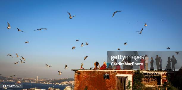 Tourists take commemorative photos of them with seagulls in the seaside mountain district of Istanbul and the Bosphorus ,and a 5.7-magnitude...