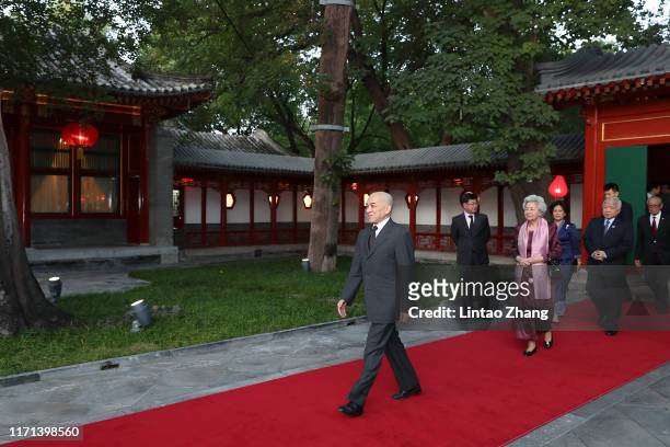 Cambodia's King Norodom Sihamoni and his mother former queen Monique arrivals Diaoyutai State Guesthouse on September 27, 2019 in Beijing, China.