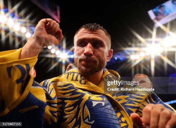 Vasily Lomachenko exits the arena after winning the WBA, WBO, WBC Lightweight World Title contest between Vasily Lomachenko and Luke Campbell at The...