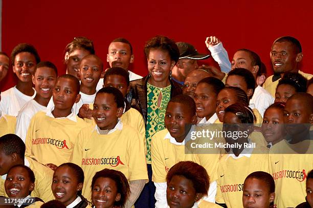 Michelle Obama, first lady of the United States of America poses 2with children at a Youth Soccer Event where she spoke about HIV/AIDS prevention as...