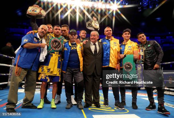 Vasily Lomachenko is pictured with his team 1after winning the WBA, WBO, WBC Lightweight World Title contest between Vasily Lomachenko and Luke...