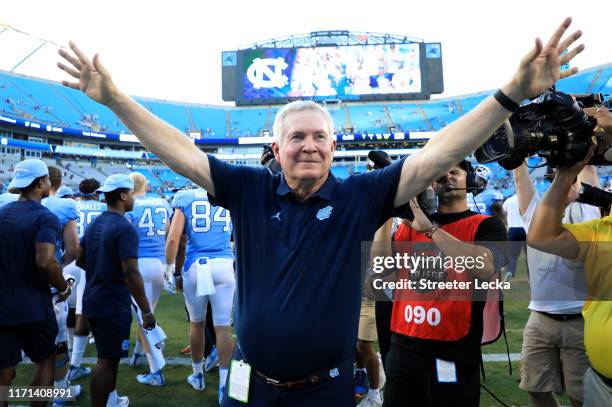 Head coach Mack Brown of the North Carolina Tar Heels reacts after defeating the South Carolina Gamecocks 24-20 in the Belk College Kickoff game at...