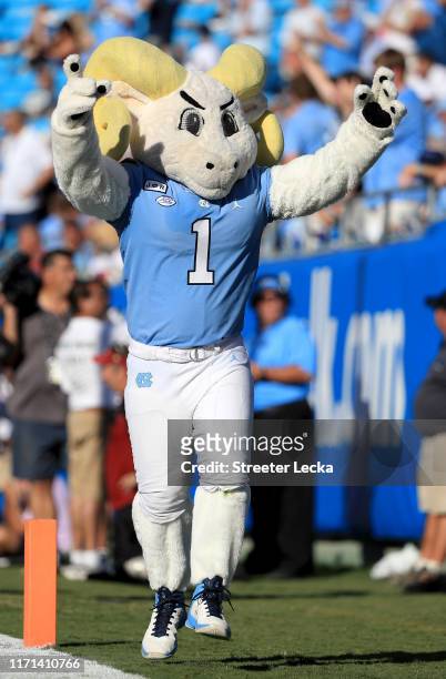General view of the mascot of the North Carolina Tar Heels during the Belk College Kickoff game at Bank of America Stadium on August 31, 2019 in...