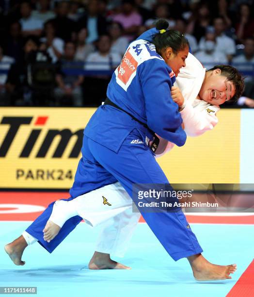 Sara Asahina of Japan and Maria Suelen Altheman of Brazil compete in the Women's +78kg bronze medal bout on day seven of the World Judo Championships...