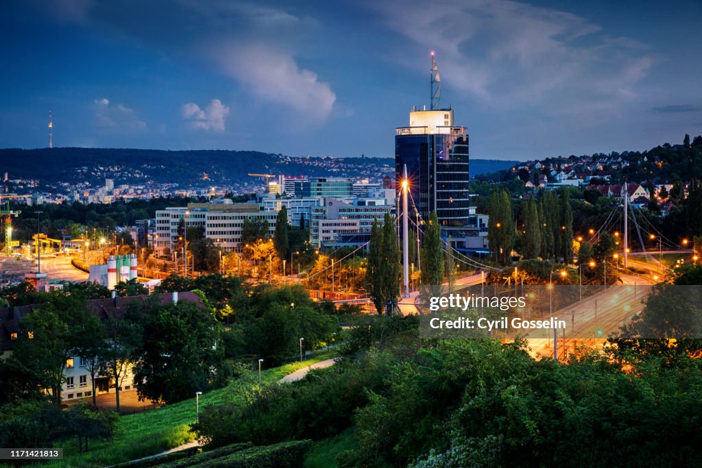 High angle view of Stuttgart at twilight