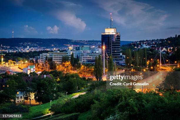 high angle view of stuttgart at twilight - stuttgart panorama stock pictures, royalty-free photos & images