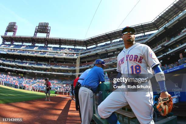 Rajai Davis of the New York Mets walks onto the field before a game against the Philadelphia Phillies at Citizens Bank Park on August 31, 2019 in...