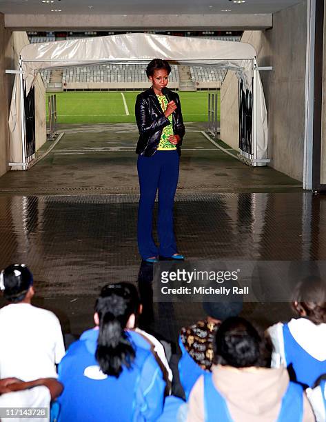Michelle Obama, first lady of the United States of America meets children at a Youth Soccer Event where she spoke about HIV/AIDS prevention as part...