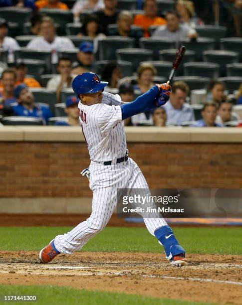 Ruben Tejada of the New York Mets in action against the Cleveland Indians at Citi Field on August 20, 2019 in New York City. The Mets defeated the...