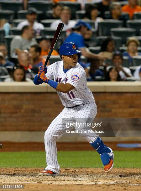 Ruben Tejada of the New York Mets in action against the Cleveland Indians at Citi Field on August 20, 2019 in New York City. The Mets defeated the...