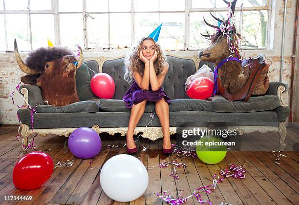 party animals and beautiful young woman - celebrating in sofa stock pictures, royalty-free photos & images