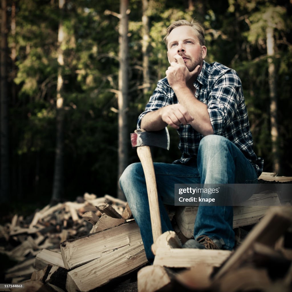 Content lumberjack with axe