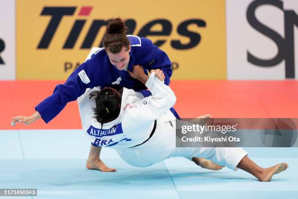 Anna Maria Wagner of Germany and Maria Suelen Altheman of Brazil compete in the Women’s +70kg for the Mixed Team Competition Pool B first round...