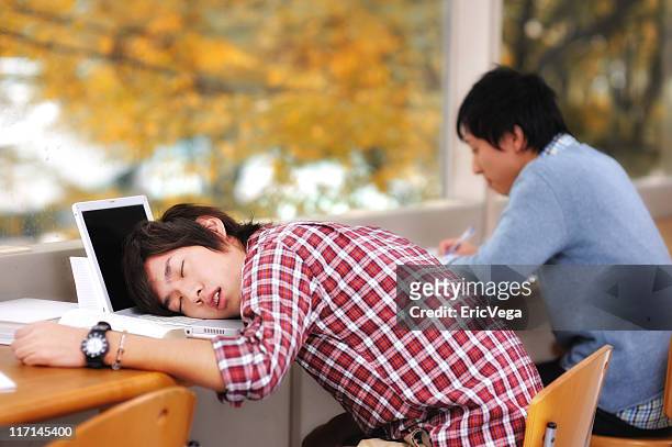 two asian students studying but one has fallen asleep - university of tokyo 個照片及圖片檔