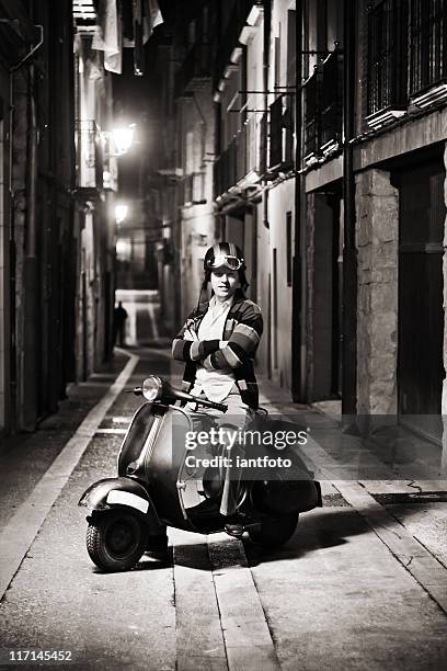 happy retro biker. - vintage motorcycle helmet stock pictures, royalty-free photos & images