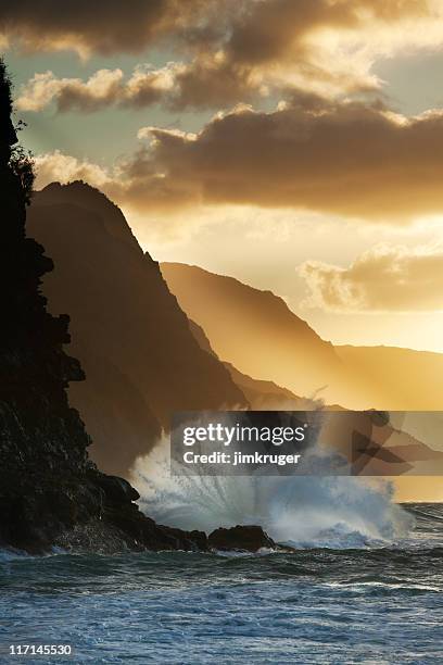 surf smashing into na pali coast in hawaii. - kauai bildbanksfoton och bilder