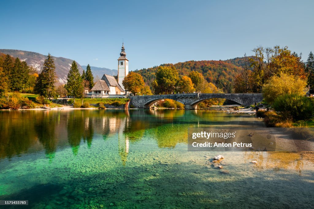 Bohinj Lake, Church of St John the Baptist. Triglav National Park, Julian Alps, Slovenia