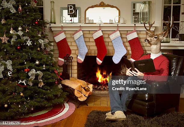 red sweater reindeer man in christmas living room - magie de noel stockfoto's en -beelden