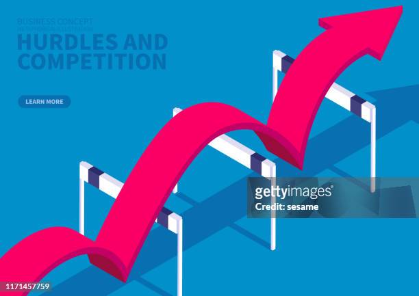 red arrow crosses obstacles and goes straight ahead - challenge stock illustrations