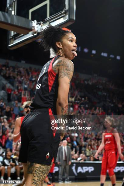 Tamera Young of the Las Vegas Aces reacts to a play during Game Four of the 2019 WNBA Semifinals against the Washington Mystics on September 24, 2019...