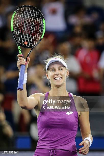 Alison Riske of the United States celebrates after winning the Singles Semifinal match against Petra Kvitova of Czech on Day 6 of 2019 Dongfeng Motor...