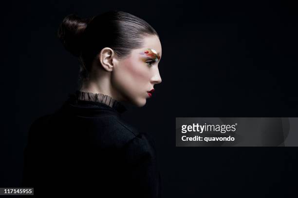 beauty shot, updo and makeup on young woman, copy space - high fashion stock pictures, royalty-free photos & images