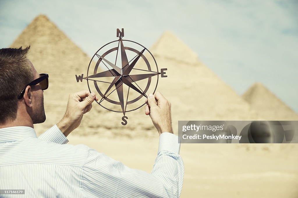 Businessman Holds Compass in the Desert by Pyramids