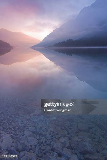 niebla de la mañana en el lago plansee, tirol, austria, vertical - morning in the mountain fotografías e imágenes de stock