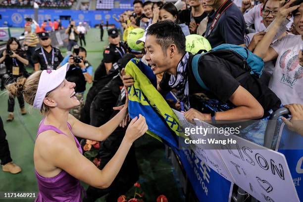 Alison Riske of the United States talks with fans after winning the Singles Semifinal match against Petra Kvitova of Czech on Day 6 of 2019 Dongfeng...