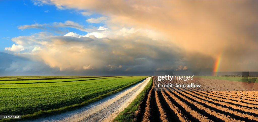 Land Landschaft mit Feldern und Regenbogen in den Himmel bei Sonnenuntergang