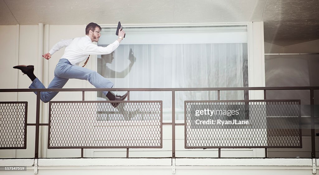 Retro Secret Agent Running With Pistol in Hotel