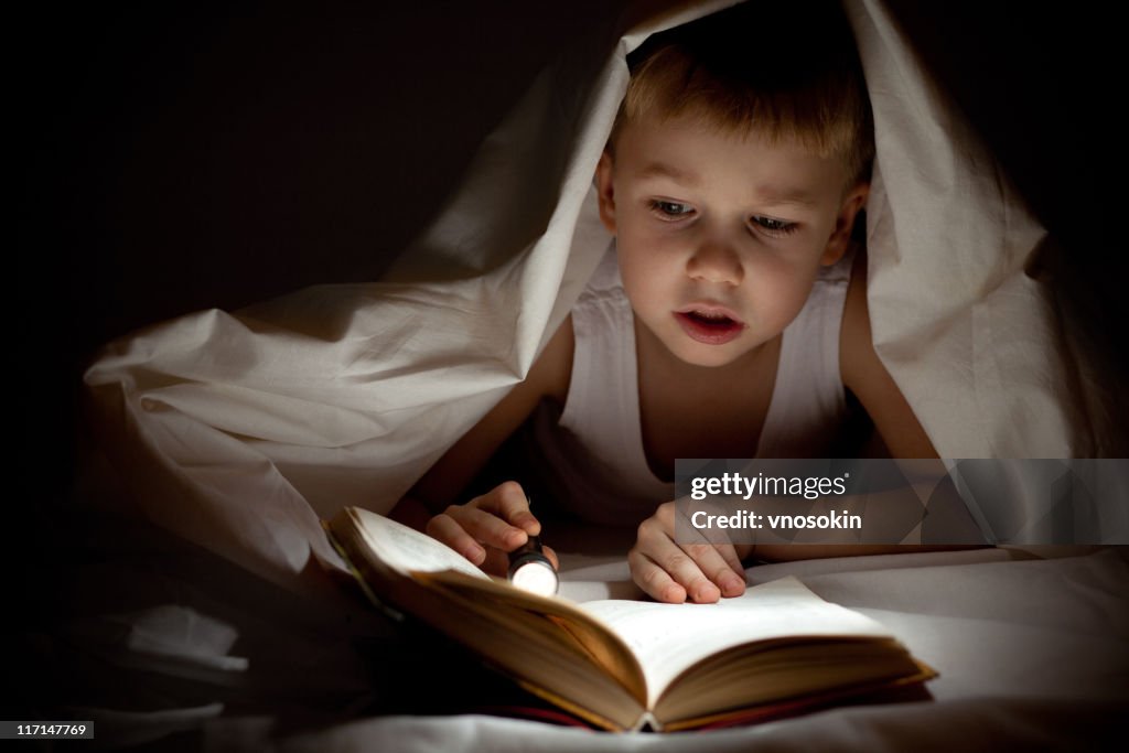 Boy reading book in bed