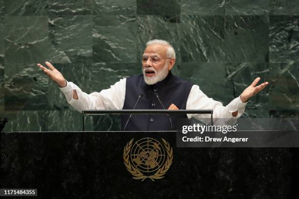 Prime Minister of India Narendra Modi addresses the United Nations General Assembly at UN headquarters on September 27, 2019 in New York City. World...