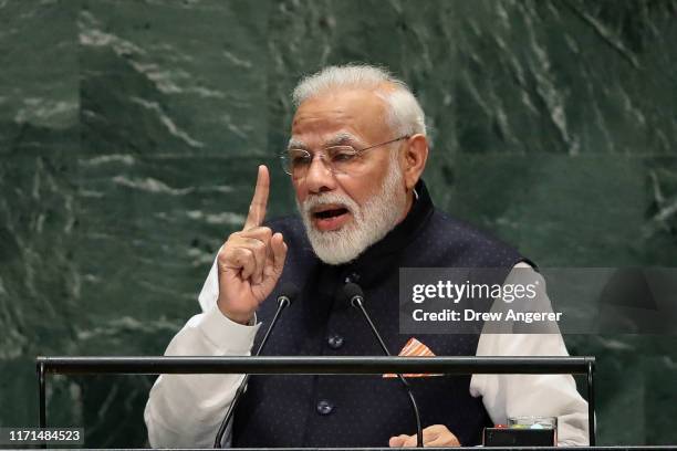 Prime Minister of India Narendra Modi addresses the United Nations General Assembly at UN headquarters on September 27, 2019 in New York City. World...