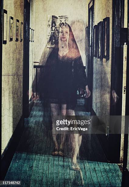 ghostly woman walking the hall - see thru nightgown stock pictures, royalty-free photos & images