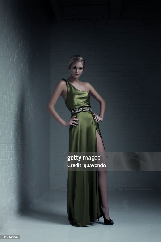 Beautiful Blond Young Woman Fashion Model in Evening Gown