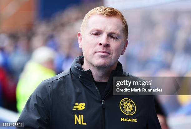 Neil Lennon, Manager of Celtic looks on prior to the Ladbrokes Premiership match between Rangers and Celtic at Ibrox Stadium on September 01, 2019 in...