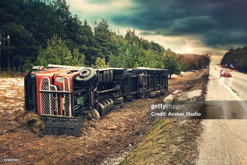 Truck accident on slippery surfaces.