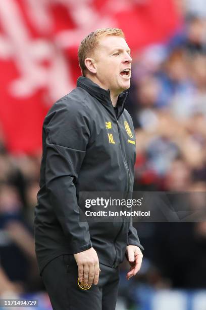 Neil Lennon, Manager of Celtic reacts during the Ladbrokes Premiership match between Rangers and Celtic at Ibrox Stadium on September 01, 2019 in...