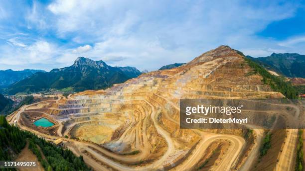 open pit panorama erzberg, styria - aerial view - mining natural resources stock pictures, royalty-free photos & images